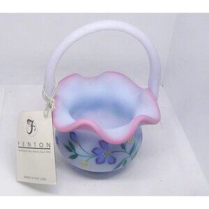 Fenton Handcrafted Glass Basket with Floral Design & Pink Rim 2335 of 2750
